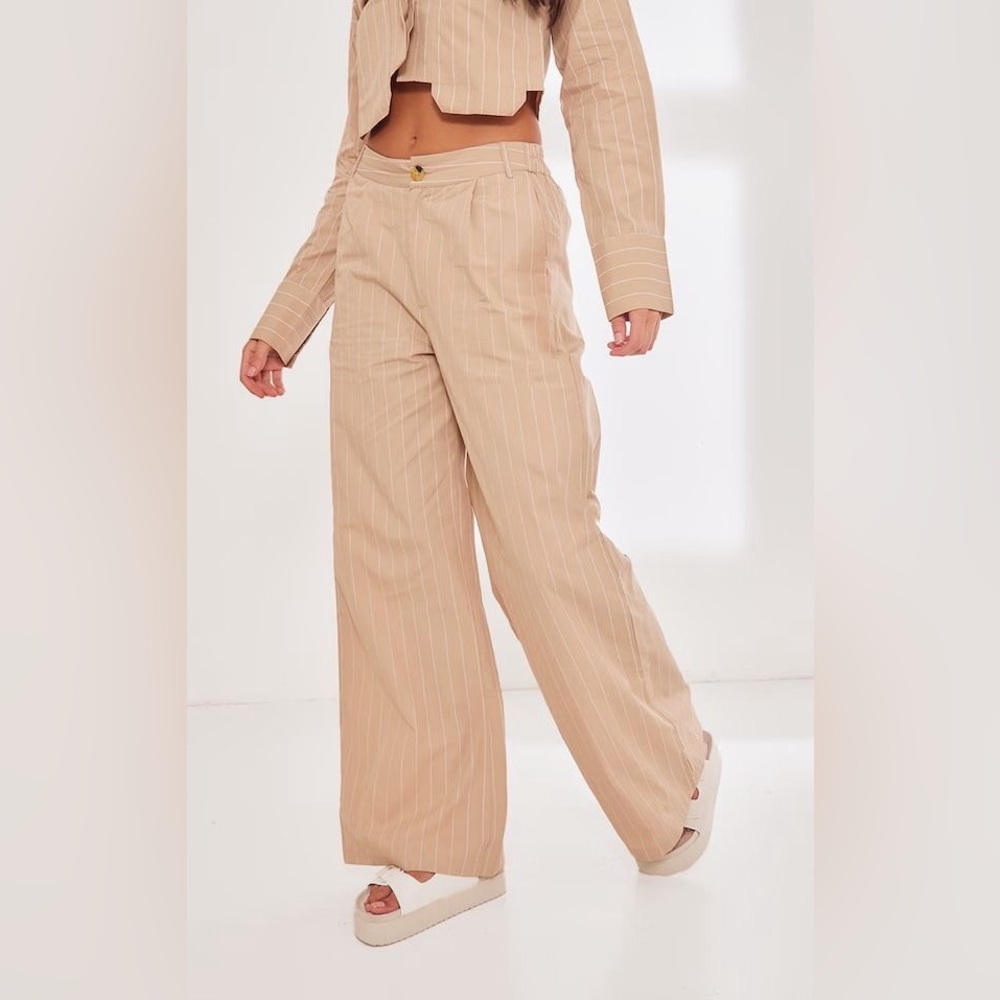 PrettyLittleThing Stone Poplin Pinstripe Tailored Wide Leg Trouser Pants 12 NEW